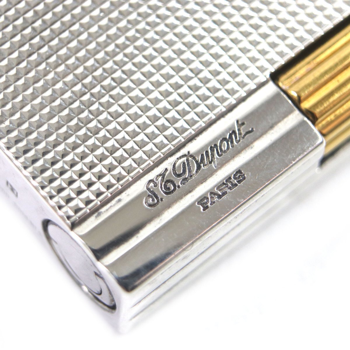 美品▼Dupont デュポン ギャッツビー スクエア ダイヤモンドヘッド ロゴ刻印入り ローラー式 ガスライター シルバー ゴールド 著火確認(rèn)済