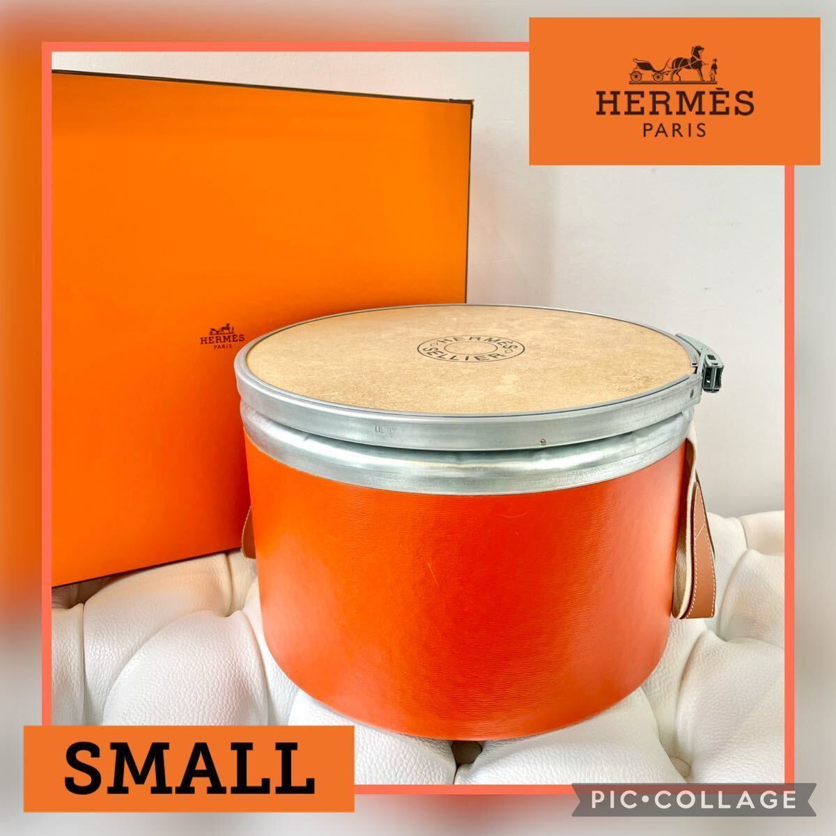 ◇USED◇HERMES エルメス サドルボックス S 馬具缶 収納 インテリア 雑貨 道具入れ シューズ サイドテーブル オレンジ シルバー金具 コルク_画像1