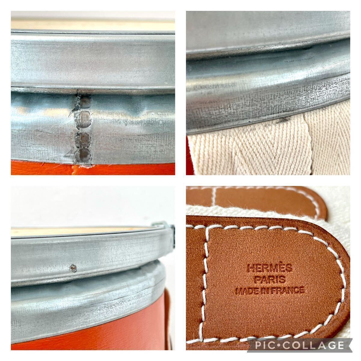 ◇USED◇HERMES エルメス サドルボックス S 馬具缶 収納 インテリア 雑貨 道具入れ シューズ サイドテーブル オレンジ シルバー金具 コルク_画像8