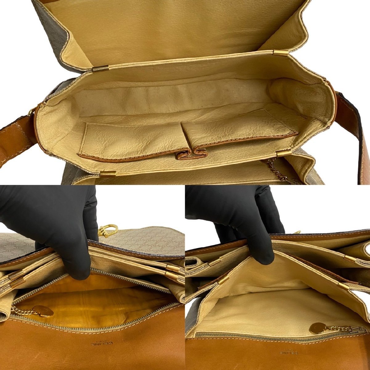 極 美品 袋付 CELINE セリーヌ ヴィンテージ マカダム ブラゾン 柄 レザー 本革 ショルダーバッグ ポシェット ベージュ ブラウン 201-3