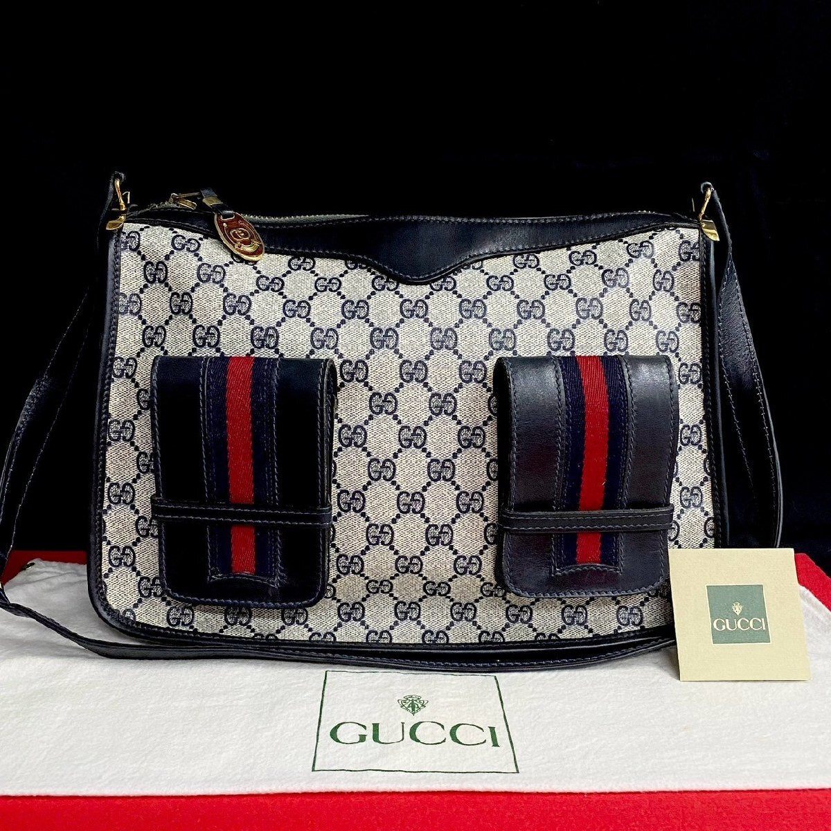  ultimate beautiful goods GUCCI Gucci Old Gucci Vintage Sherry line GG pattern leather original leather shoulder bag sakoshu navy 30915