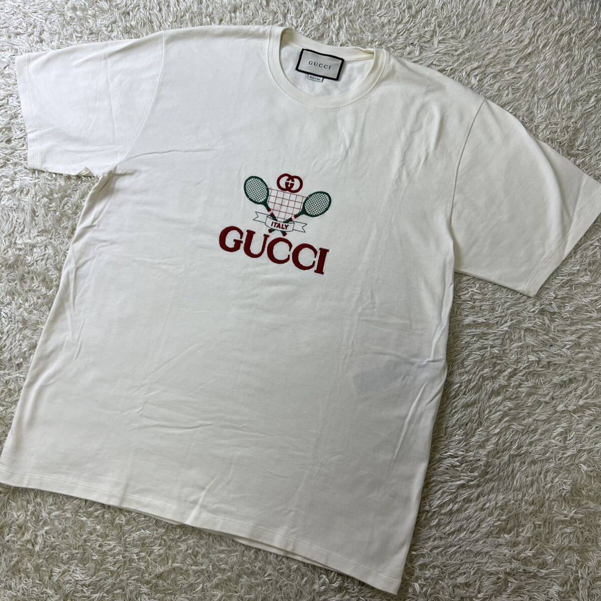 A12超希少XXL☆未使用級!!GUCCI グッチ メンズ 半袖 Tシャツ テニス 刺繍 ロゴ Club Multi Tee 現行タグ トップス カットソー アイボリー