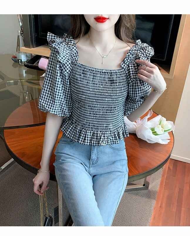  short sleeves tops short frill bai color [ large size equipped ] S check pattern 