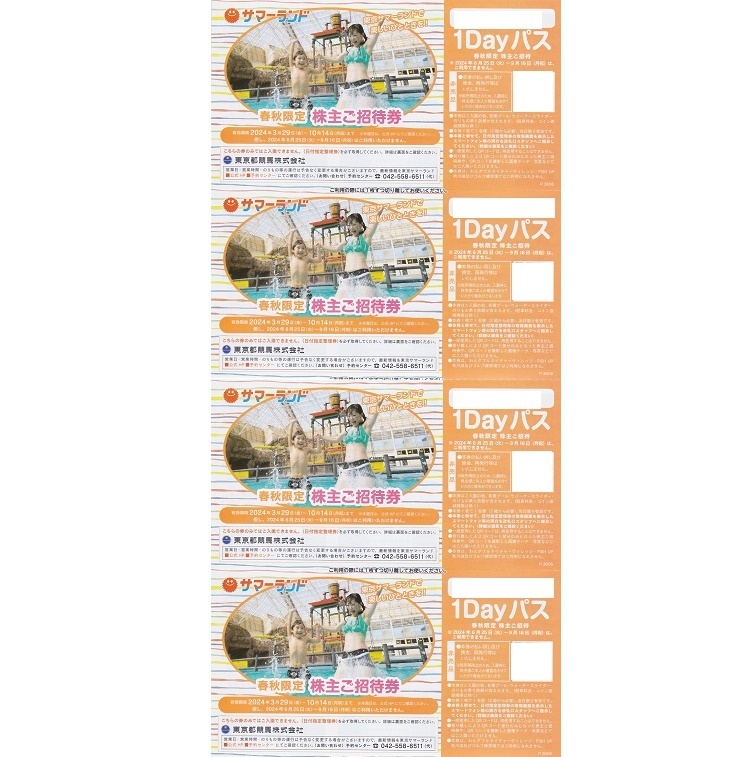 【迅速対応】『 東京サマーランド 株主ご招待券 1Dayパス 4枚セット 』　 フリー 入場券 東京都競馬 株主優待 プール 遊園地 週末 遊び