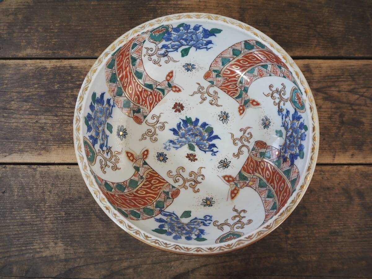 【期間限定送料無料】 花鳥蝶文 染錦 金彩 色絵 伊万里 時代物 OAN 大鉢 古 骨董 飾皿 工芸品