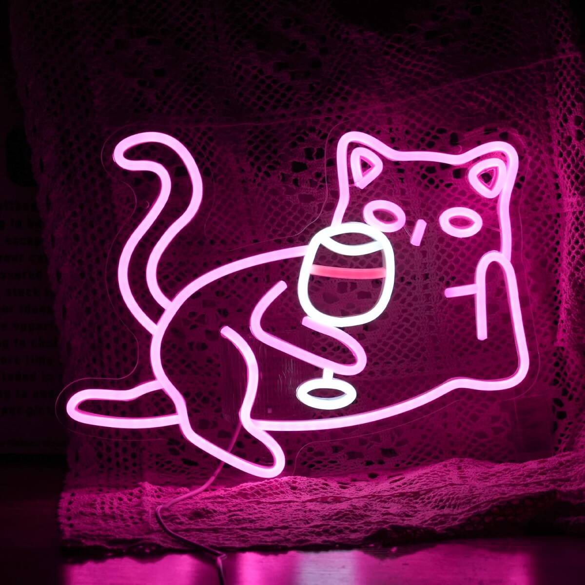 ネオンサイン 30x40cm 猫ワイングラス 調光可能 LED ピンク猫 ネオンサイン 30x40cm 猫ワイングラス 調光可能 LED ピンク猫