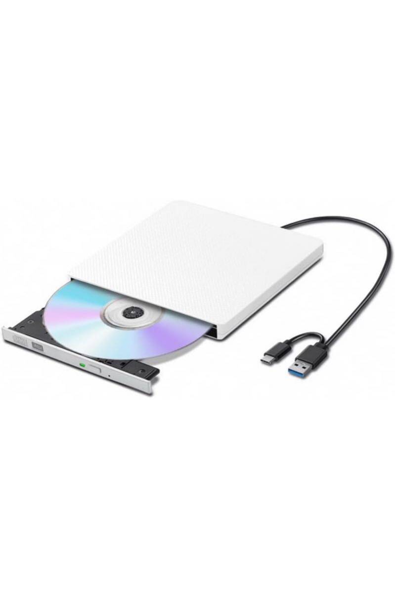 外付CD・DVDドライブ DVDレコ CD/DVD-Rプレイヤー USB3.0&Type-C両用ケーブル Window/Linux/Mac (ホワイト)