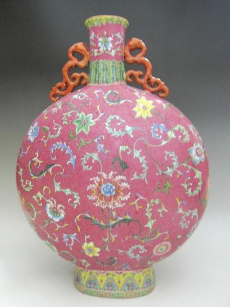 景徳鎮(zhèn) 粉彩花文扁壺 花瓶 全高49cm 壺 中國(guó) 美術(shù) 陶磁器 景徳鎮(zhèn)壺 花器 花生 磁器 希少 干隆年制