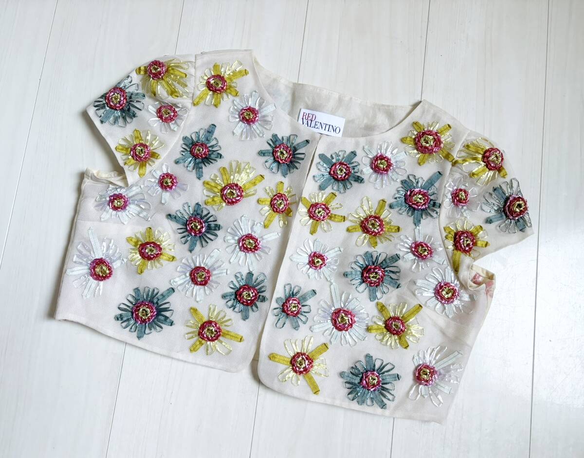 美品 レア RED VALENTINO レッドヴァレンティノ ジャケット フラワー 花 テープ 装飾 フックボタン メッシュ ノーカラー 半袖 ベージュ △9