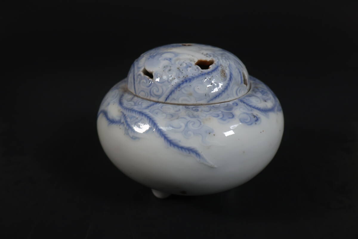 【和】(A243)　時代古作　明治　オールド深川製　染付鳳凰文香炉　茶道具　香蘭社