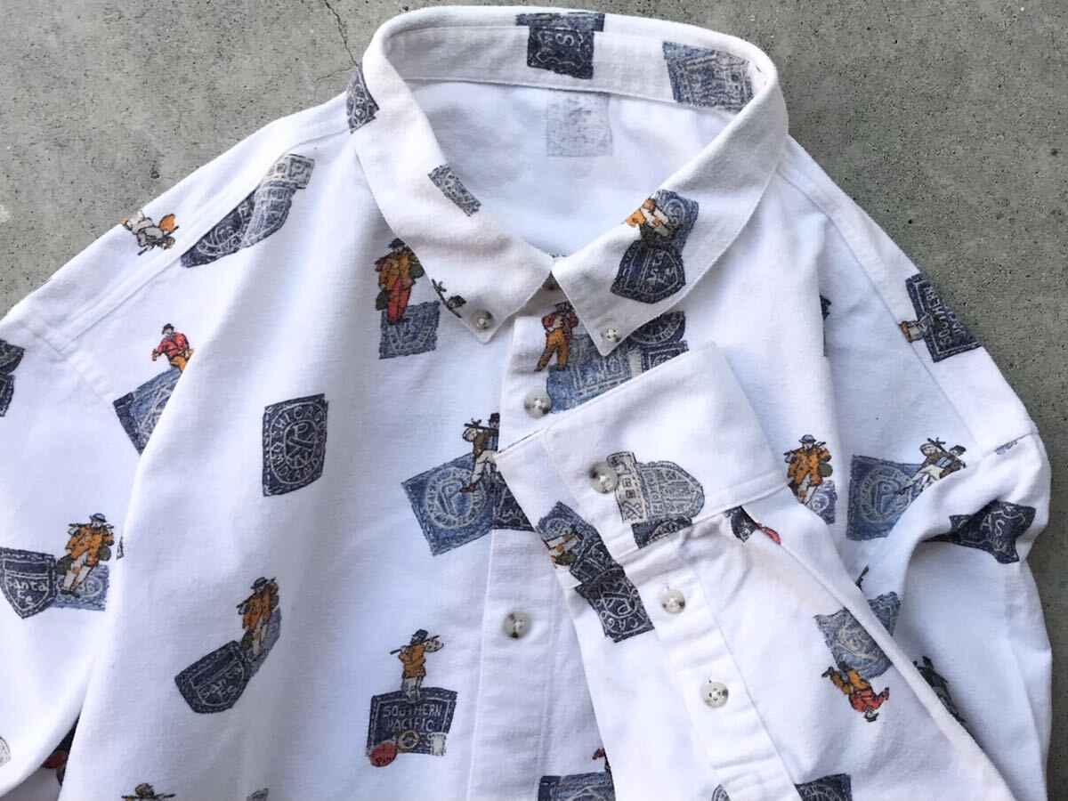 Papas シャモアクロス 長袖シャツ 50/L パパス メンズ 長袖 総柄 ネルシャツ 白 ホワイト