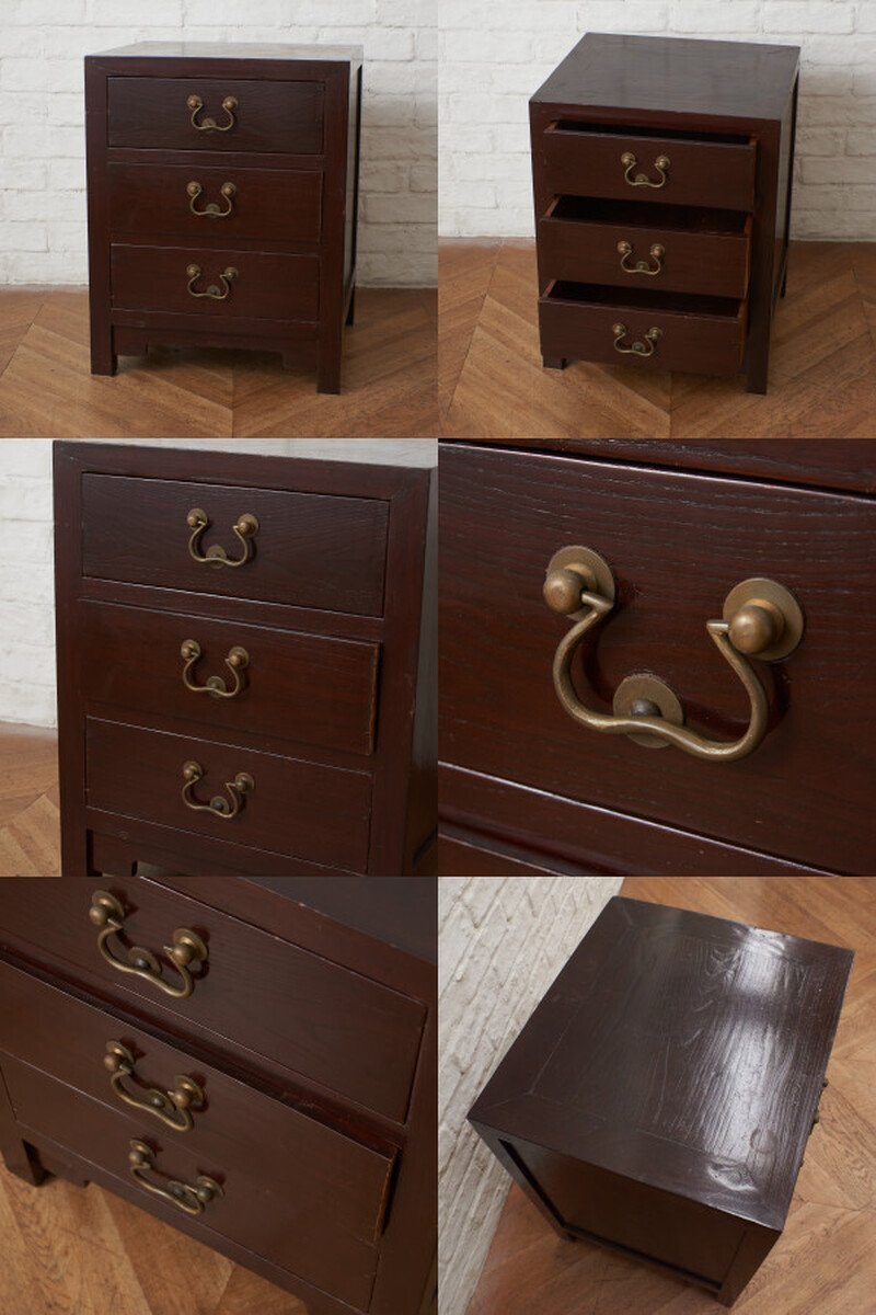 IZ79765N☆中国家具 楡材 チェスト 3段 引出し 収納家具 小 IZ79765N☆中国家具 楡材 チェスト 3段 引出し 収納家具 小