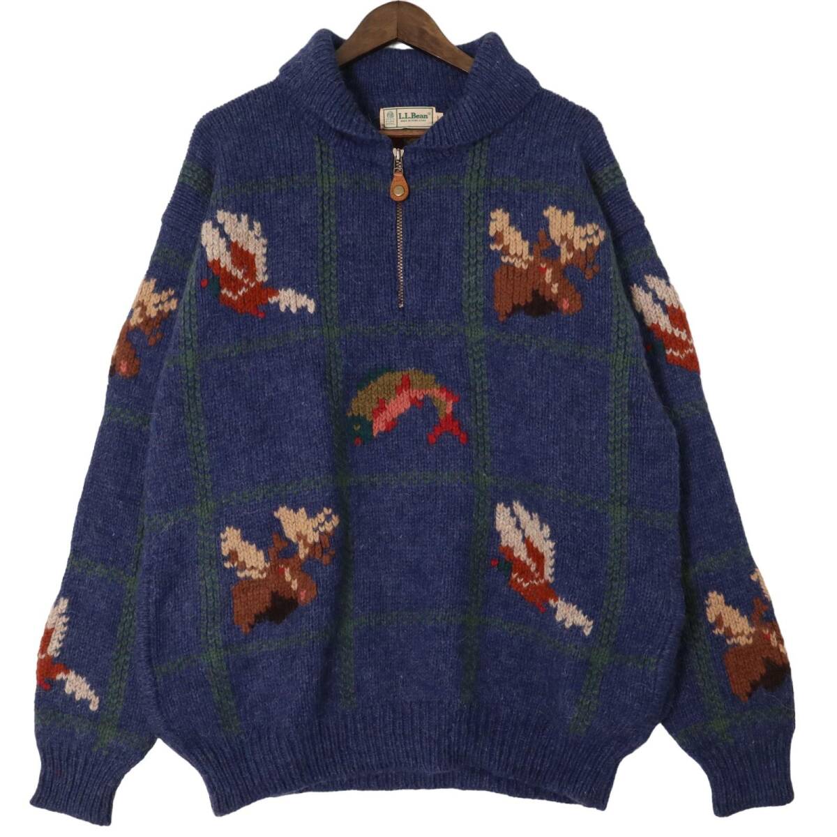 お歳暮 人気 80年代 L.L.Bean エルエルビーン ハンドニット ハーフジップ セーター アウトドア 総柄 ネイビー (メンズ L) 中古 古着 A1220 男性用