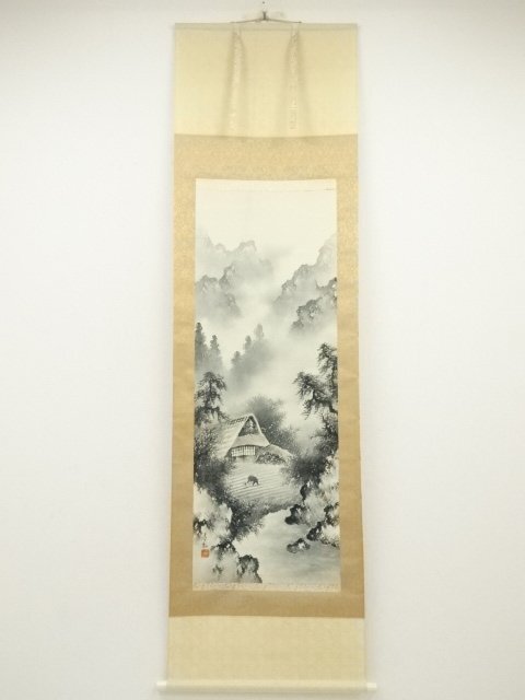 ys7109133; 宗sou 茂俣高根筆　水墨山水　肉筆絹本掛軸（共箱）