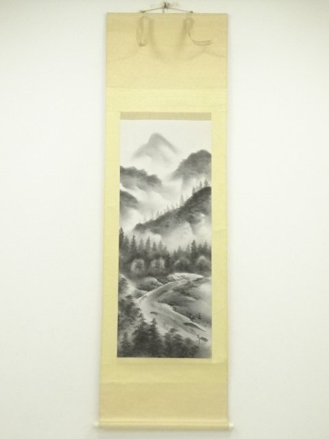 ys7125388; 宗sou 百川筆　水墨山水　肉筆絹本掛軸（保護箱）