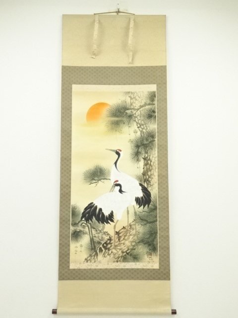 ys7127688; 宗sou 湖人筆　松上双鶴　肉筆絹本掛軸（保護箱）