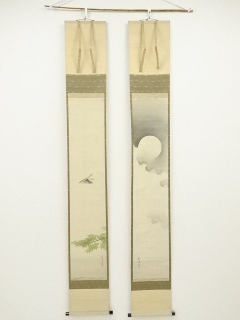 ys7160244; 宗sou 中川蘆月筆　月・ほとどぎす　双幅　肉筆絹本掛軸（保護箱）