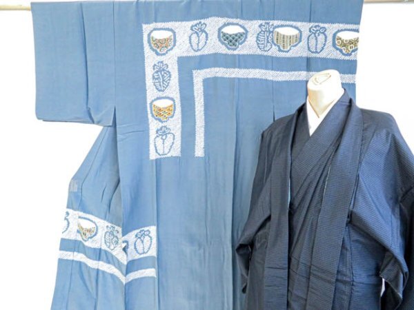 ys6881098; 宗sou 男物　紬　着物　羽織　長襦袢　３点セット 絞り