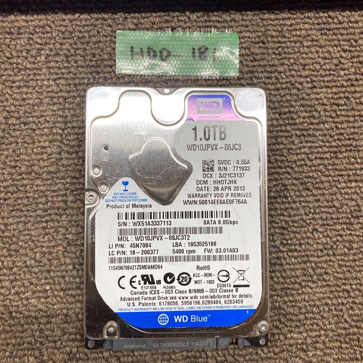 HDD-181 激安 HDD1TB 2.5インチ SATA 4044時間 内蔵HDD WD WD10JPVX-08JC3T2 Crystaldiskinfoにて正常品 中古