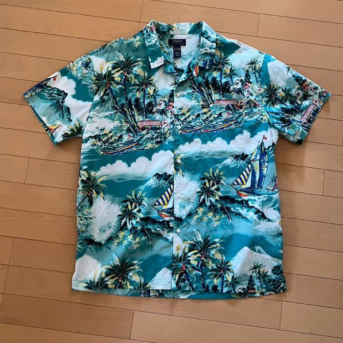 Lサイズ ポロ ラルフローレン ハワイアンシャツ アロハシャツ ヨット パームツリー柄 POLO RALPH LAUREN VINTAGE CAMP