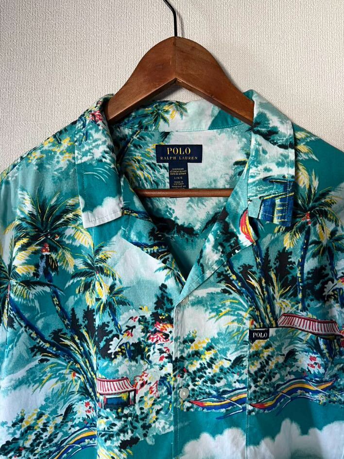Lサイズ ポロ ラルフローレン ハワイアンシャツ アロハシャツ ヨット パームツリー柄 POLO RALPH LAUREN VINTAGE CAMP