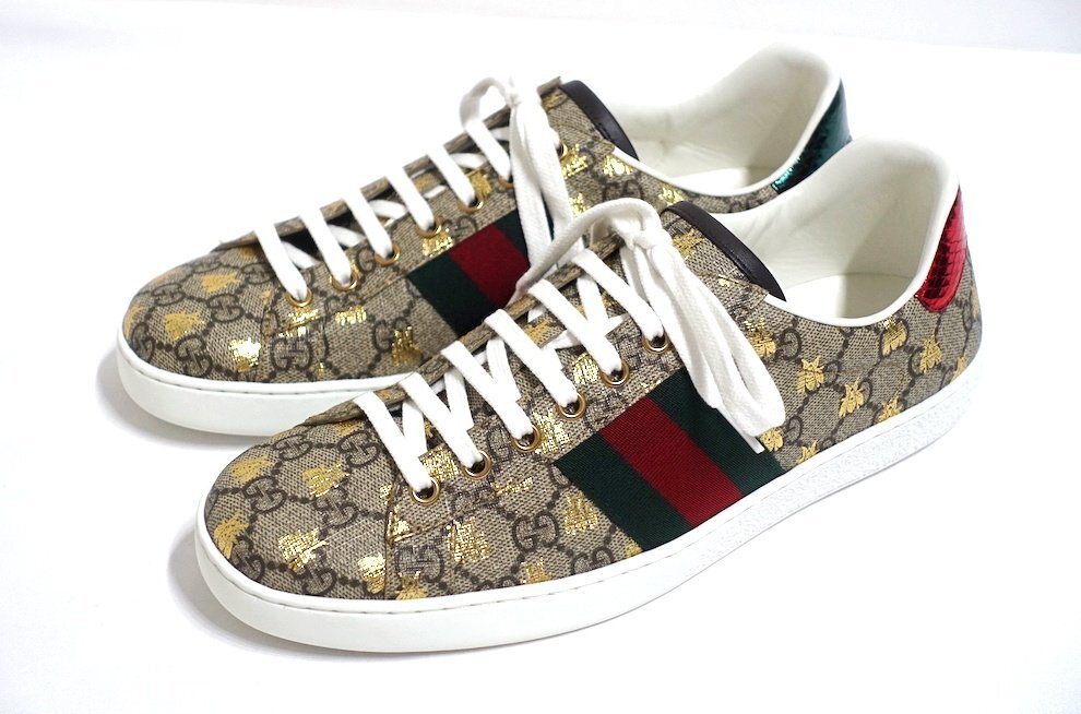 定価10.7萬(wàn) 新品未使用 GUCCI グッチ NEW ACE エース GGスプリーム BEE スニーカー 548950 レザー メンズ 8 1/2 シューズ 27-27.5cm位