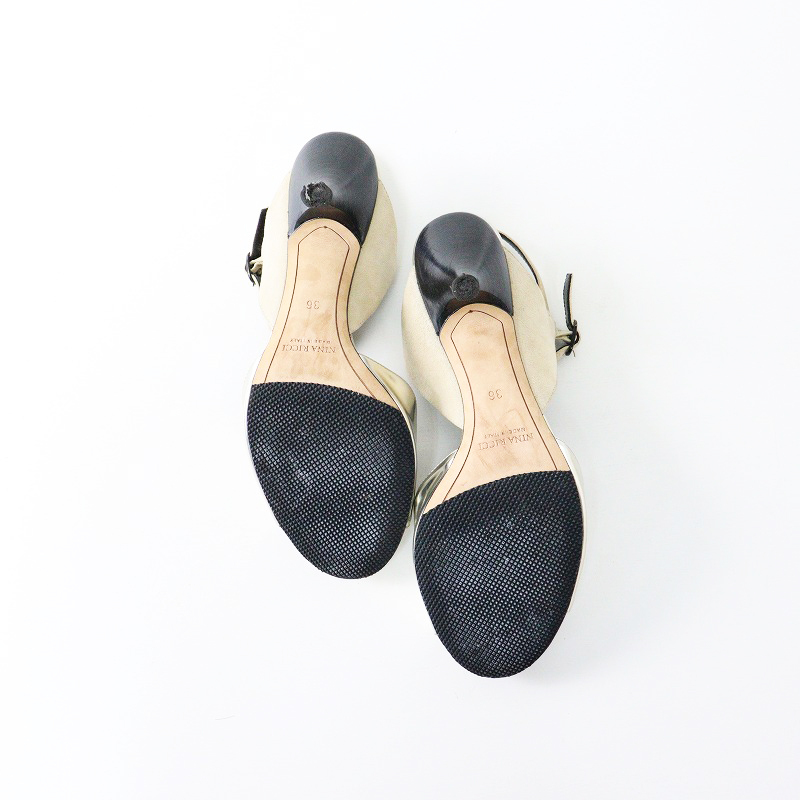 ニナリッチ NINA RICCI メタリック アンクルストラップ サンダル 36/シルバー×ベージュ ヒール【2400014045451】_画像5