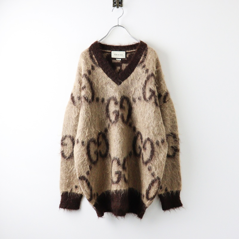 2020AW グッチ GUCCI GG柄 リバーシブル モヘヤニット プルオーバー XS/ブラウン 2WAY セーター Vネック【2400013981651】