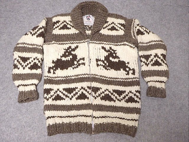ジップアップ　カウチン　セーター　カーディガン　Ｌ位　カナダ製　ＮＡＴＩＶＥ・ＩＮＤＩＡＮ・ＫＮＩＴ ＣＡ０７３２２　鹿・トナカイ