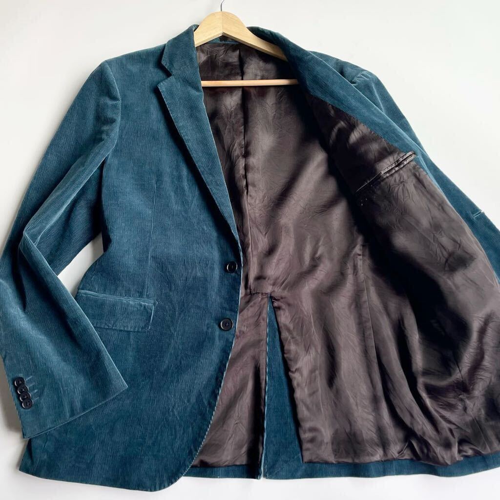 【秋冬上質コーデュロイ】UNITED ARROWS ユナイテッドアローズ 細畝 ターコイズグリーン ストレッチ アンコン テーラードジャケット(50/XL)