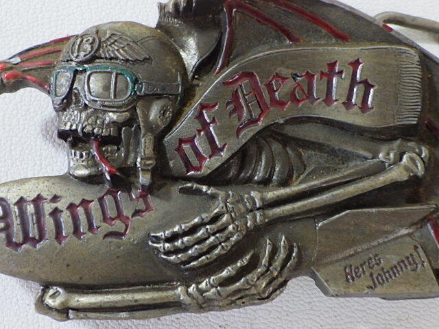  warehouse .* buckle 27.. skull Wing of Death AMERICAN BUCKLE co 1991 year USA 155g * Vintage Biker America made 