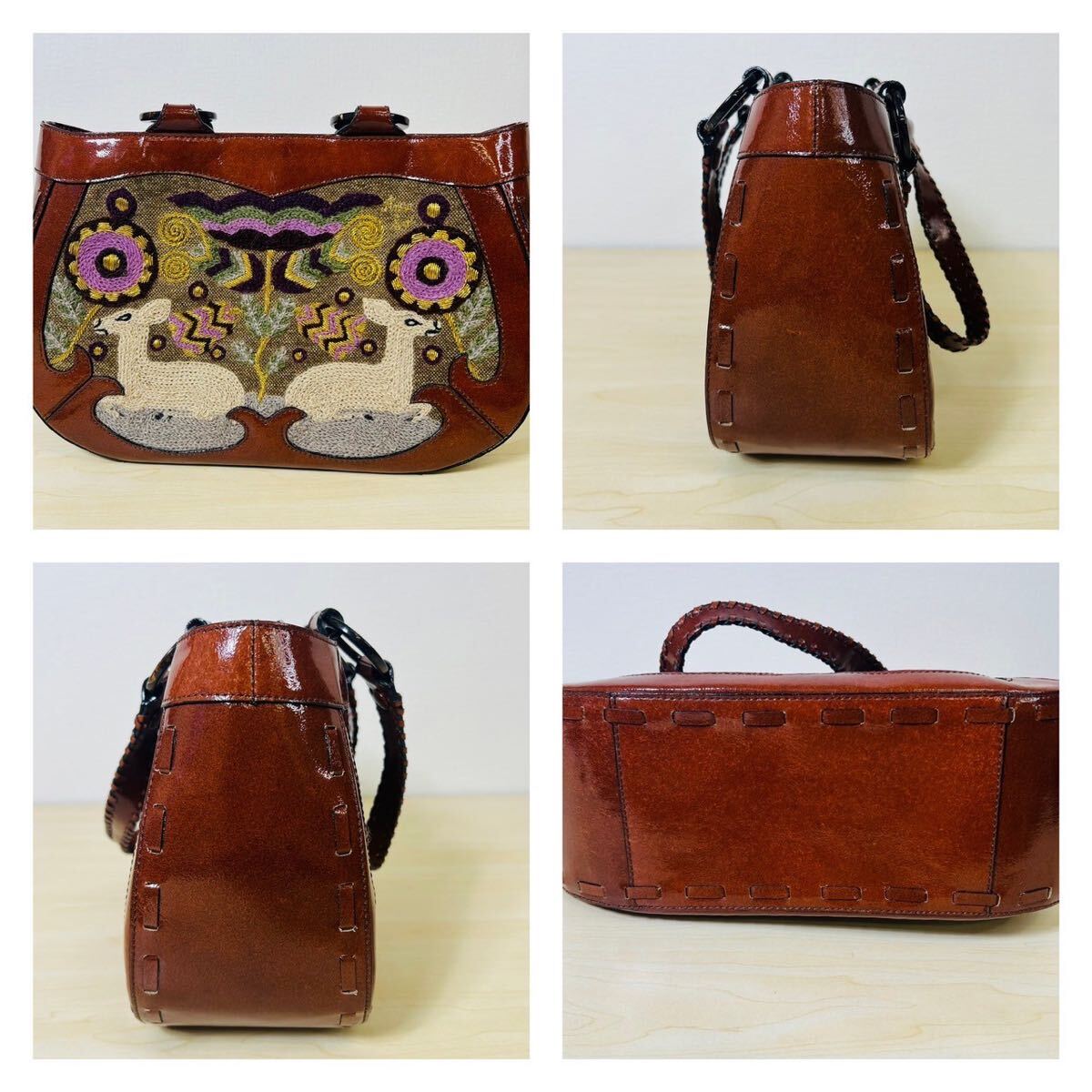 美品】ANNA SUI アナスイ ハンドバッグ ブラウン 刺繍 レザー 花 美品】ANNA SUI アナスイ ハンドバッグ ブラウン 刺繍 レザー 花