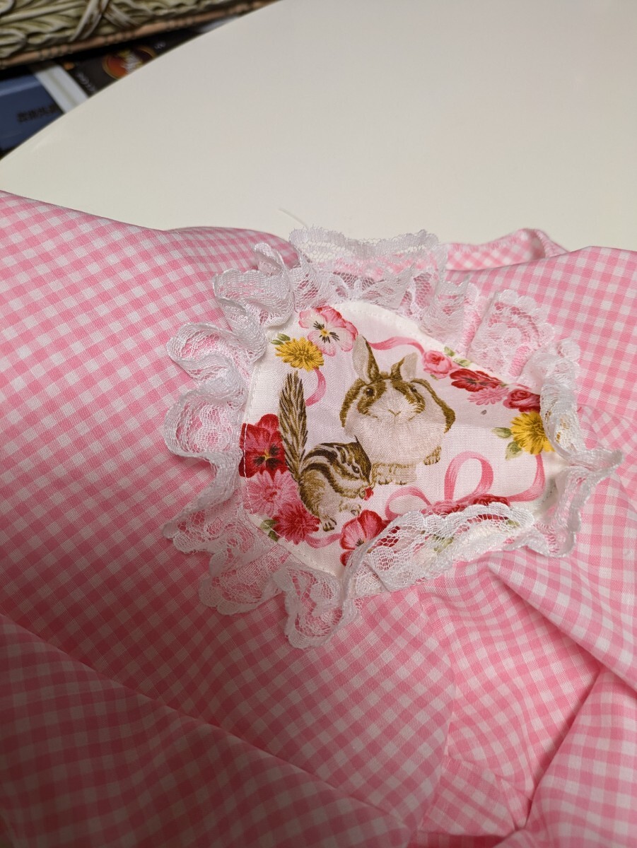 新品ハンドメイド品　１点物　私的分類SG型〉うさぎワッペン付き大人サイズ 女児風のピンクチェックブルマー　大人インナーM〜L