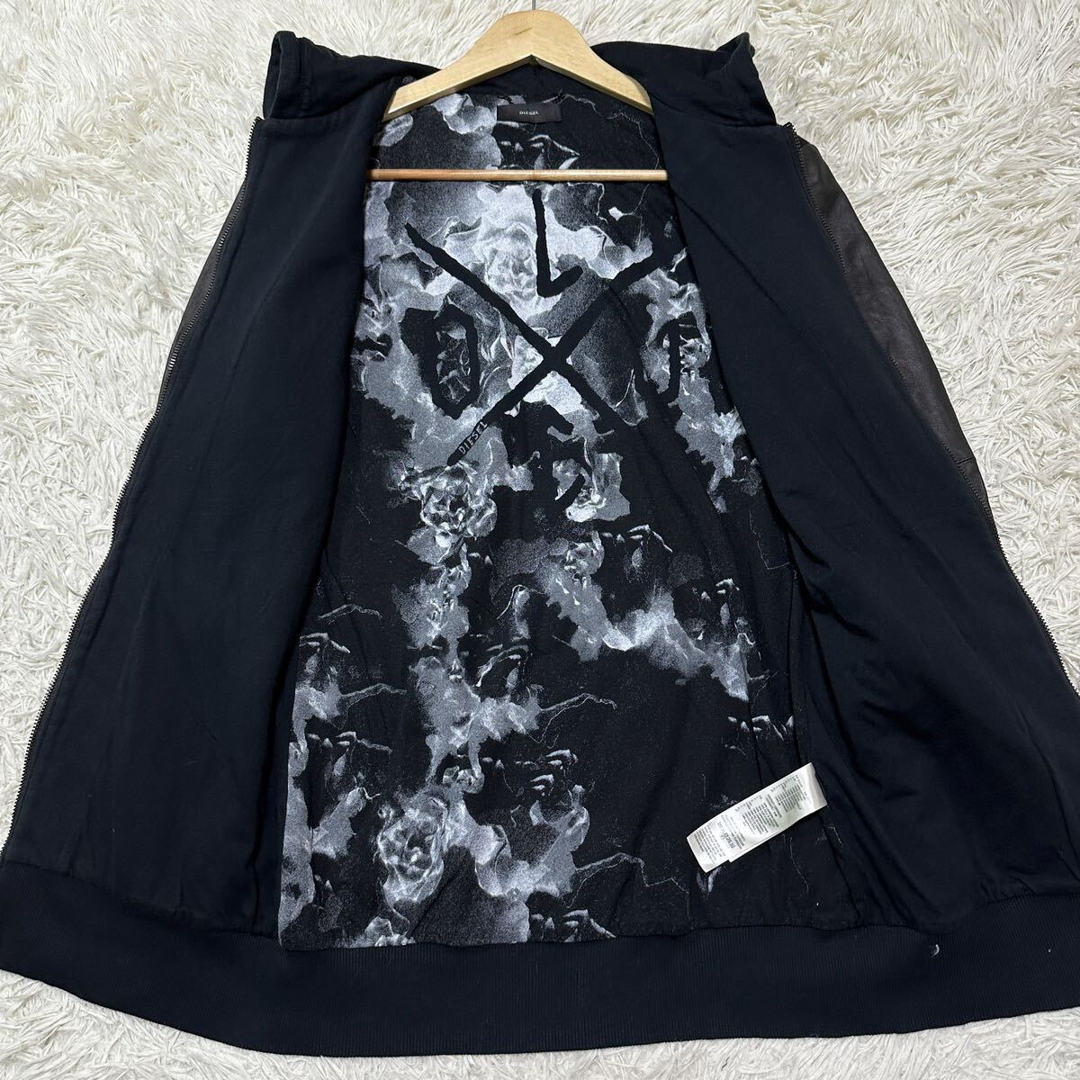 美品/ Lサイズ相当 DIESEL ディーゼル ラムレザー切替え パーカー フード ダブルジップ ジャケット ブルゾン 黒 ロゴプレート ブラック