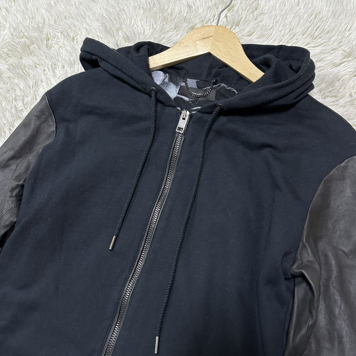 美品/ Lサイズ相当 DIESEL ディーゼル ラムレザー切替え パーカー フード ダブルジップ ジャケット ブルゾン 黒 ロゴプレート ブラック