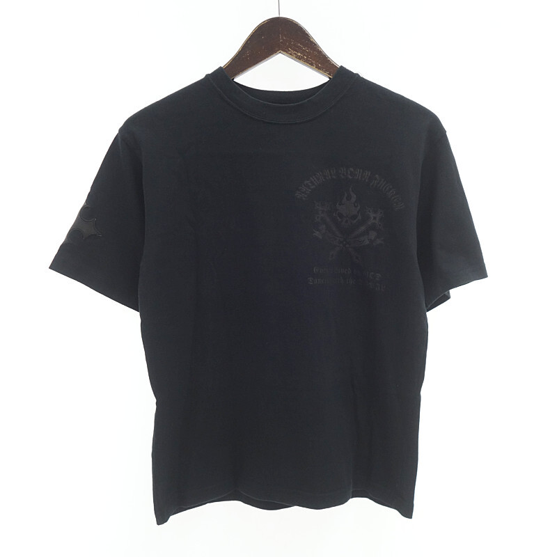 【特別価格】LSD クロスレザーパッチ シルバーパーツ ロゴプリント 半袖 カットソー Tシャツ ブラック メンズ-