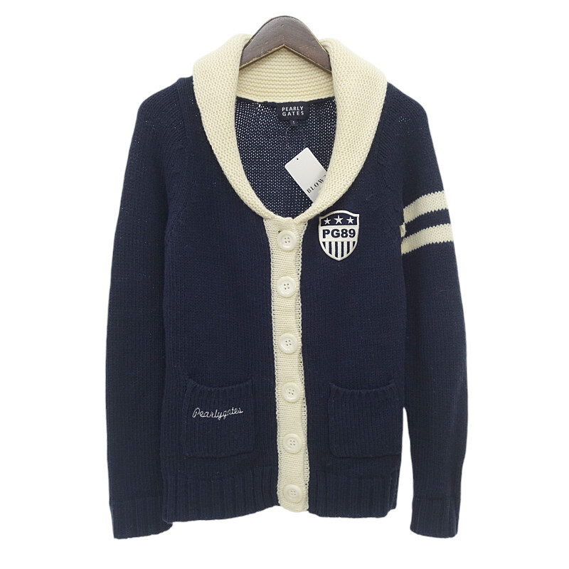【特別価格】PEARLY GATES ゴルフ ロゴエンブレムワッペン ウール ショールカラー ニット カーディガン ネイビー サイズ レディース1