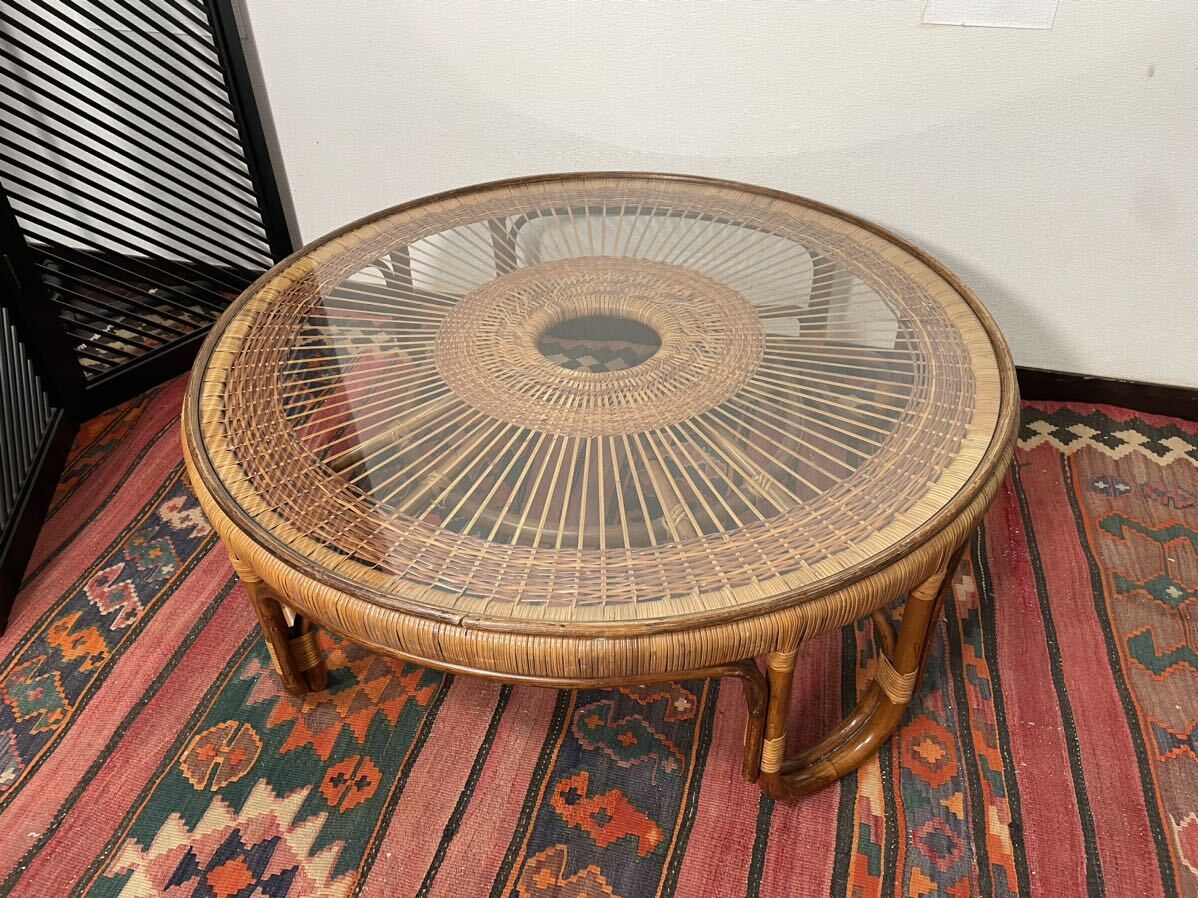 和洋折衷 ラタン センターテーブル ガラストップ 籐の家具