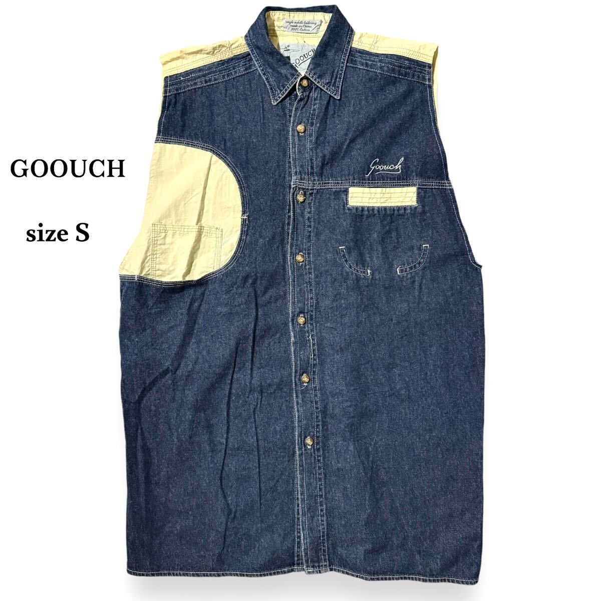 90s GOOUCH 切り替え デニム ベスト ボタン 刺繍 インディゴ グーチ トップス サイズ S