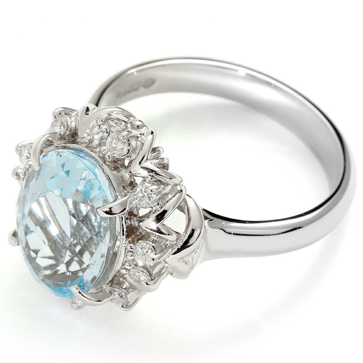 ジュエリーマキ ヘイローデザインリング 指輪 アクアマリン 3.3ct ダイヤモンド 0.22ct Pt850 12號 MAKI 中古 プレラブド 返品OK