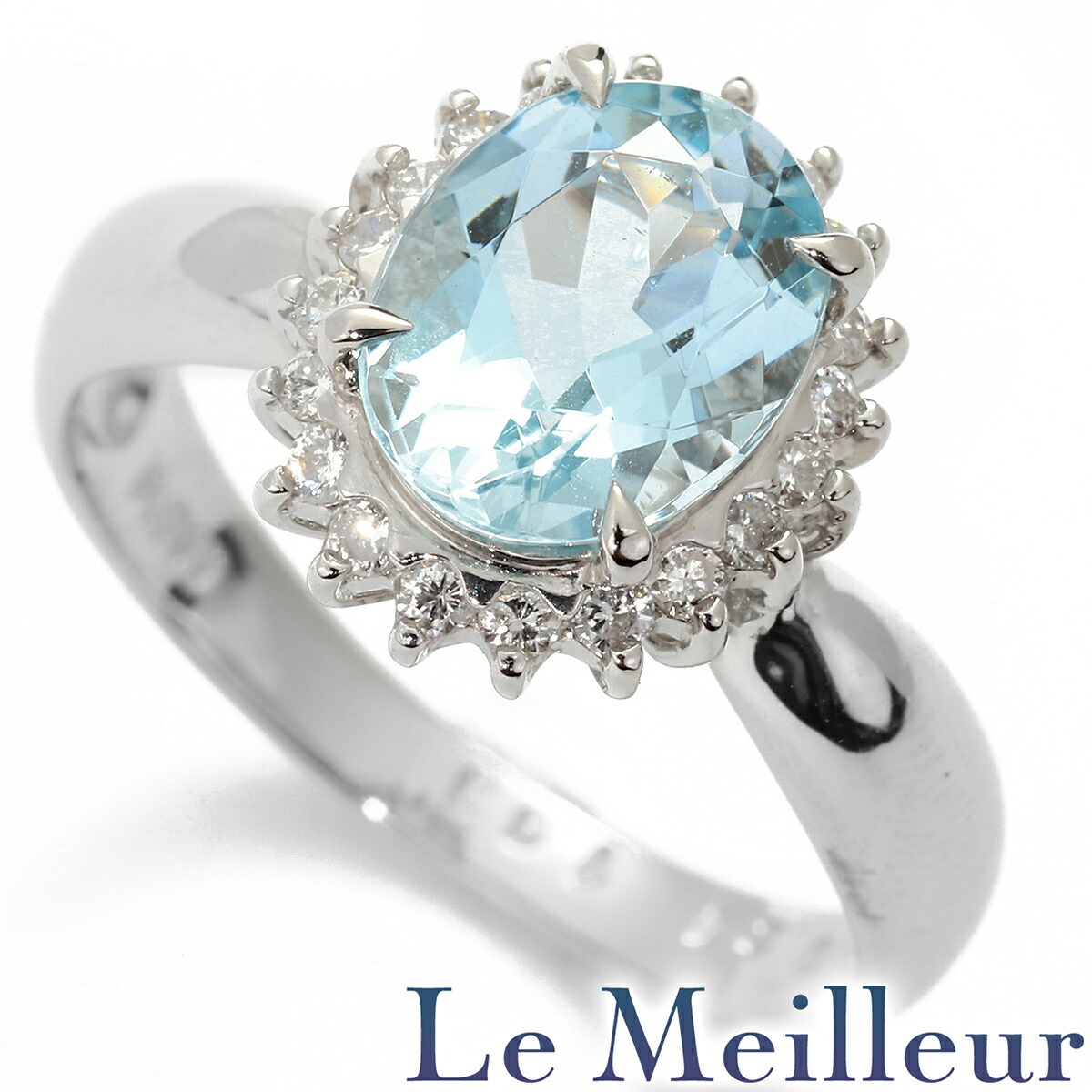ヘイローデザインリング 指輪 アクアマリン 1.63ct ダイヤモンド 0.21ct Pt900 12號 中古 プレラブド 返品OK