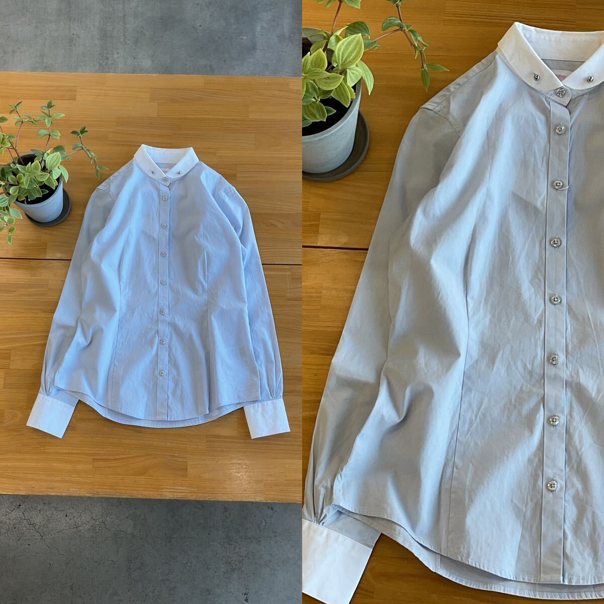 美品 Brooks Brothers ブルックスブラザーズ ボタンダウン丸襟バイカラーブラウストップス きれいめシャツ 羽織 ライトブルー白水色系 0