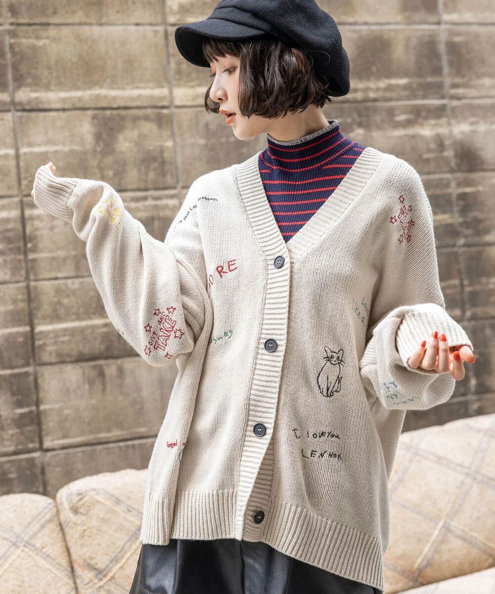 niko and ニコアンドモチーフ&レタリングVカーディガン白 niko and ニコアンドモチーフ&レタリングVカーディガン白