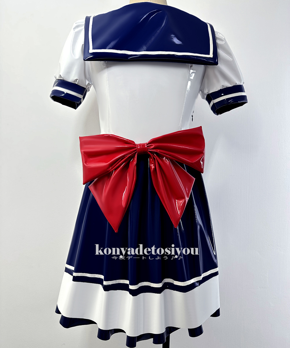 LJH23041 white & navy blue super lustre pretty One-piece frill skirt cosplay meido can girl Halloween fancy dress change equipment Event costume 