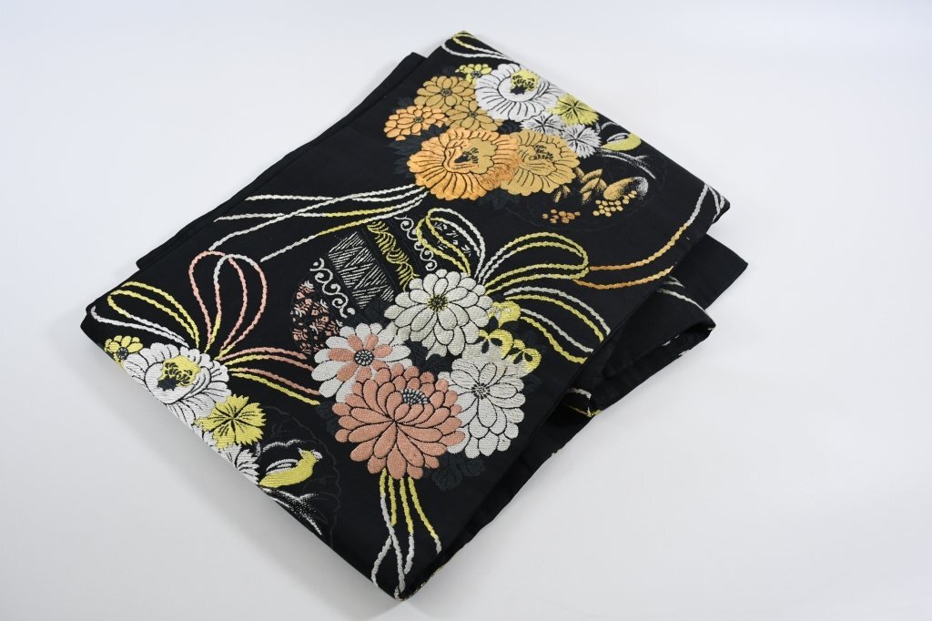 名古屋帯 アンティーク黒地に花鏡 縁結び 正絹 帯丈338㎝ 着物屋 ne-12061 桜庭呉服店