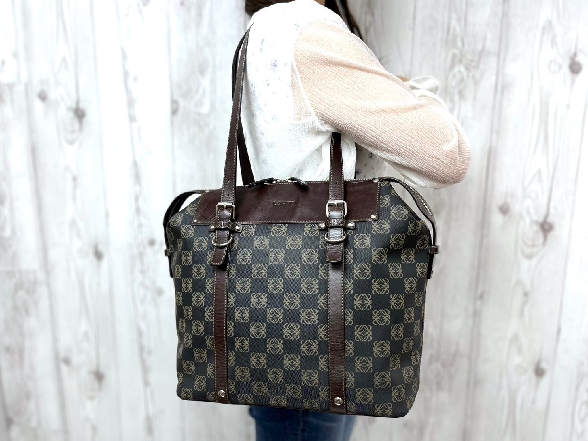 VINTAGE●LOEWE●ロエベ・トレド ダークグリーン トートバッグ ロエベ LOEWE バッグ トートバッグ スエード×レザー ベージュ