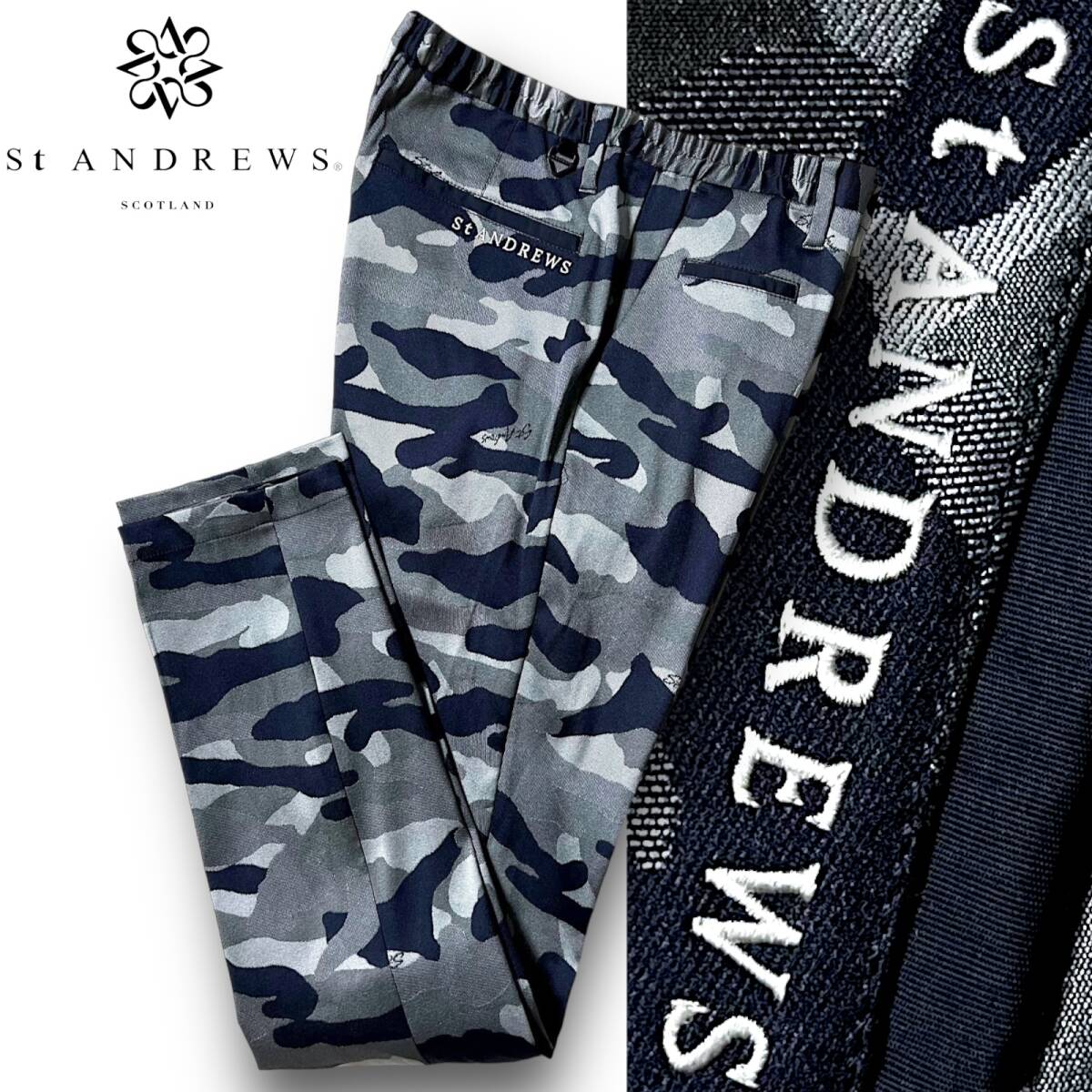 新品 St ANDREWS セントアンドリュース 定価3.9万 吸汗速乾 リンクスコース柄 カモ柄 ジャガード ストレッチパンツ ゴルフウェア L ◆B4081
