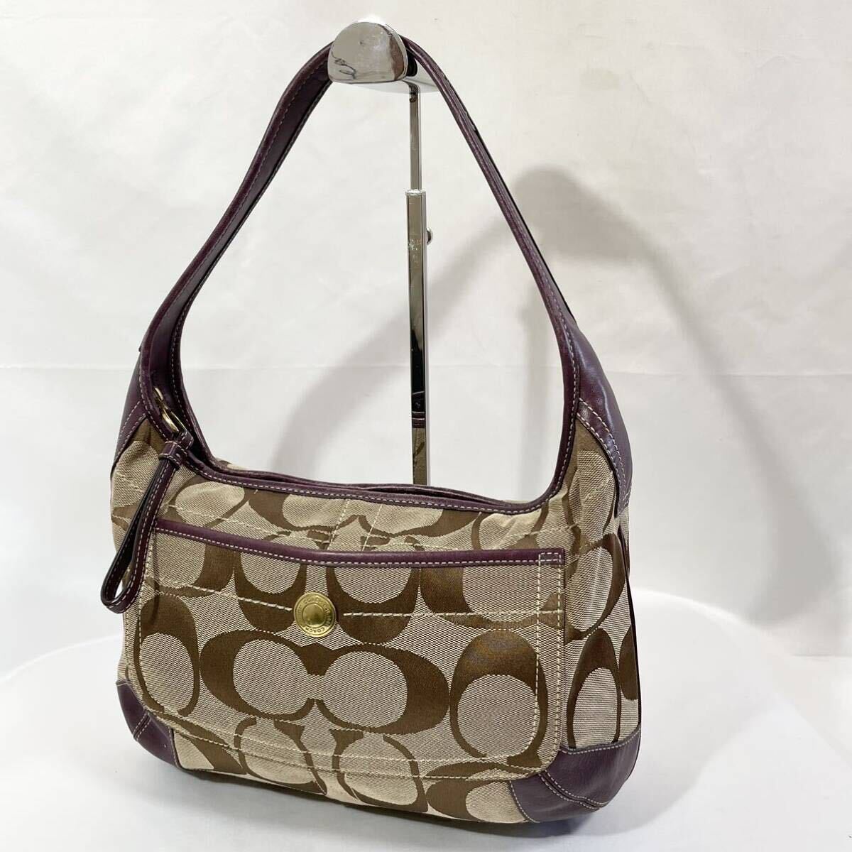 正規品 コーチ COACH ハンドバッグ シグネチャー キャンバス ベージュ 紫 パープル 鞄 かばん 肩掛け ワンショルダーバッグ ゴールド金具