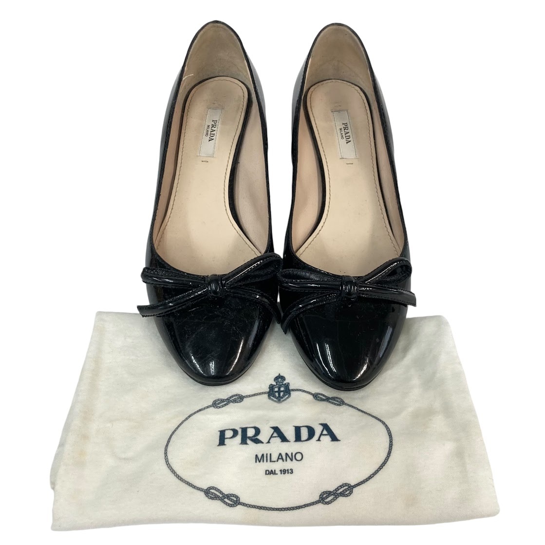 【IT0VCL0IBIUK】PRADA プラダ パンプス ヒール 靴 表記サイズ36 1/2 パテント ブラック 黒 リボン