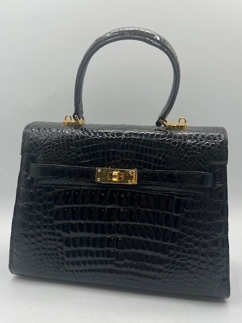 N36748■ KAIYO クロコダイル レザー 2way ハンド バッグ ショルダー ブラック ゴールド金具 本革 リアル レザー 黒 ワニ革 鞄 ■